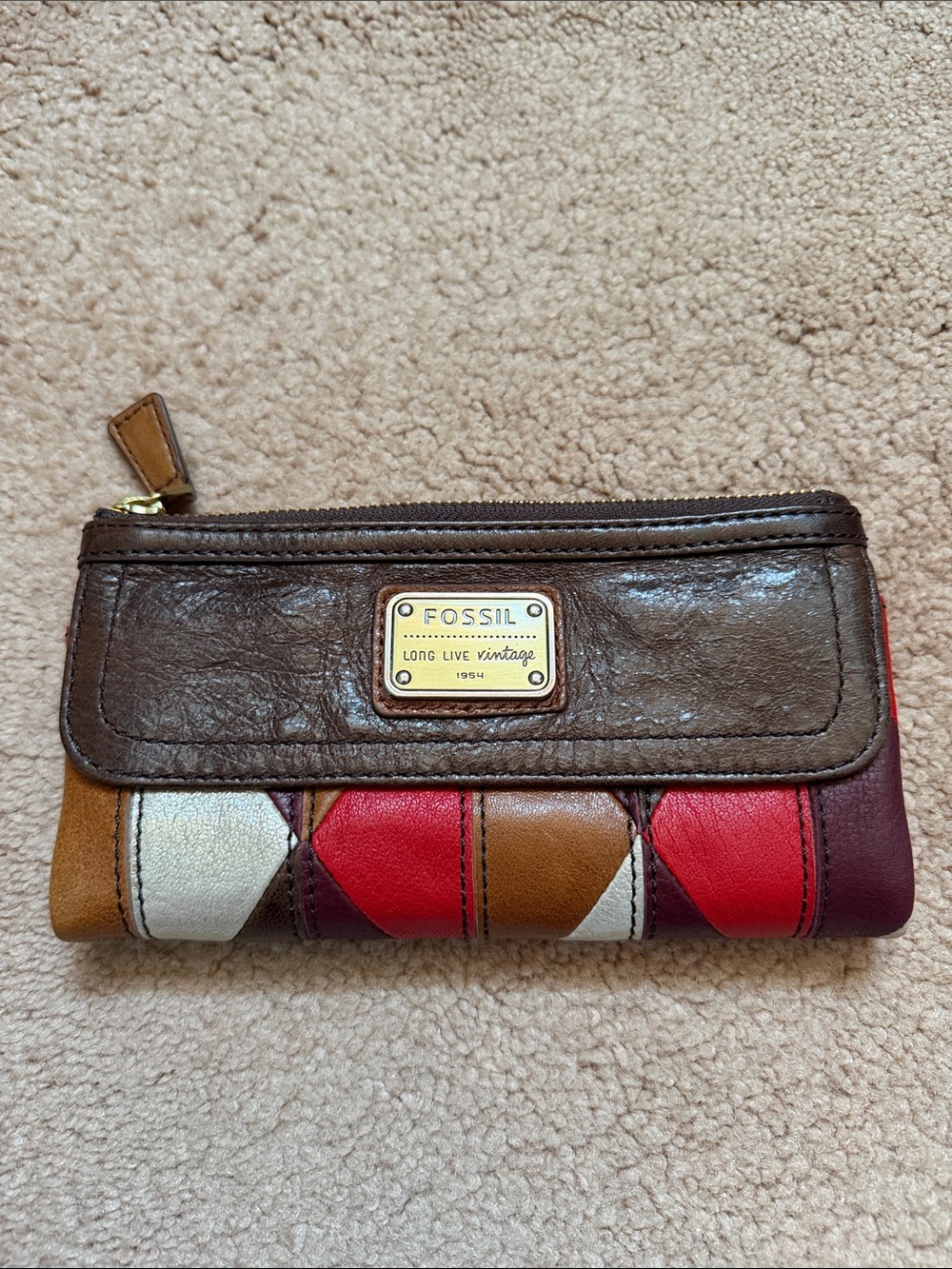 Fossil Multicolor Patchwork Leather Wristlet Wallet - Brown, Red, Tan, White